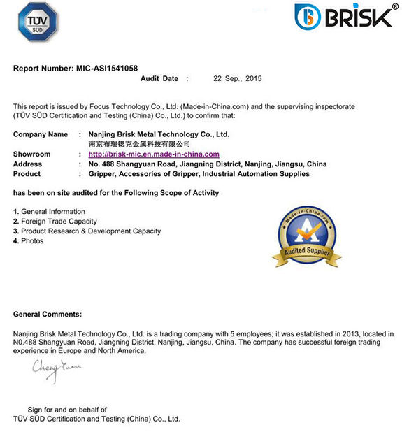 China Nanjing Brisk Metal Technology Co., Ltd. Certificaciones